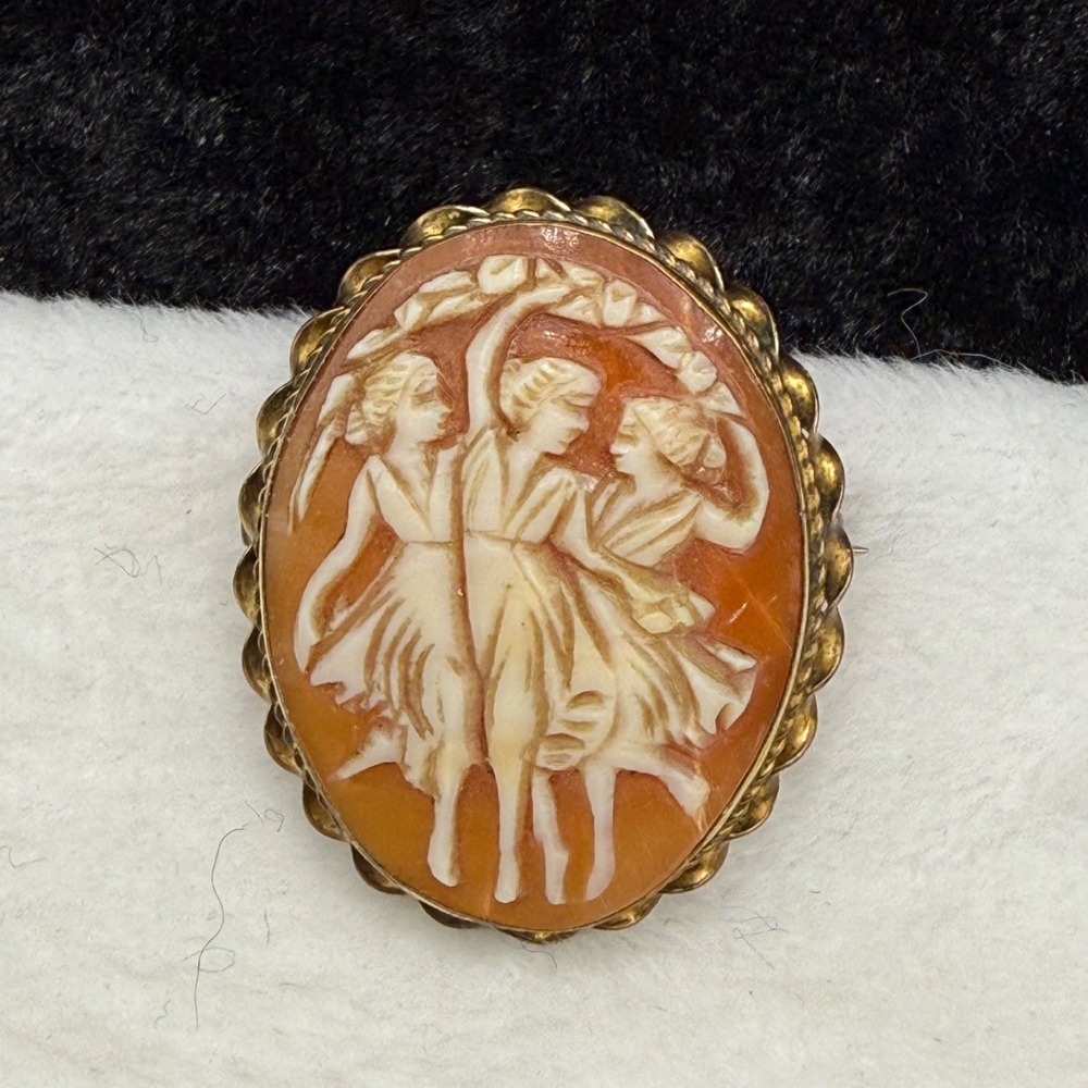 Vintage Estate Cameo Brooch Three Graces Shell Gold Tone Pendant Bale Oval